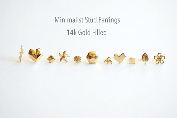 Wholesale 14k Gold Filled Earring Studs, Gold Fill Earrings, Heart, Crescent Moon, Star, Circle, Cross, Arrow, Chevron, Lightning Bolt, Triangle, Bulk Earrings