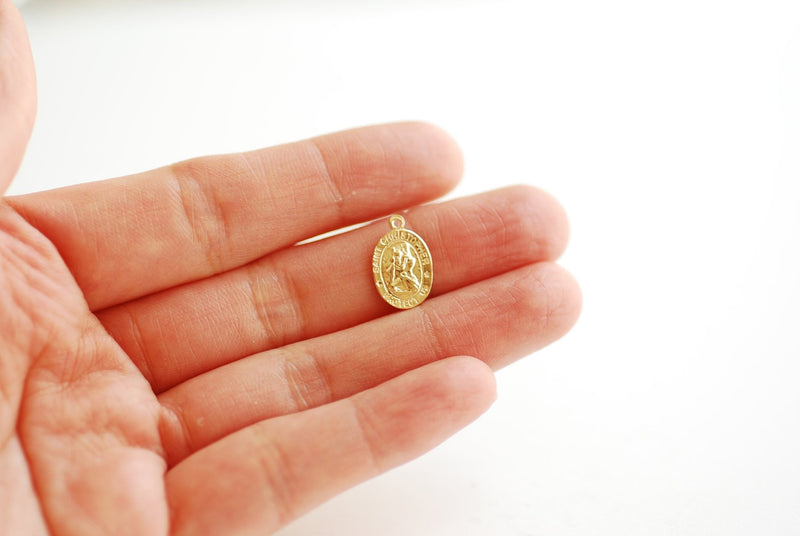 14k Gold Filled Oval St Christopher Charm- Catholic Charm, 9mmX12mm, Oval Tag, Gold Filled Medallion Coin, Patron Saint Christopher Charm