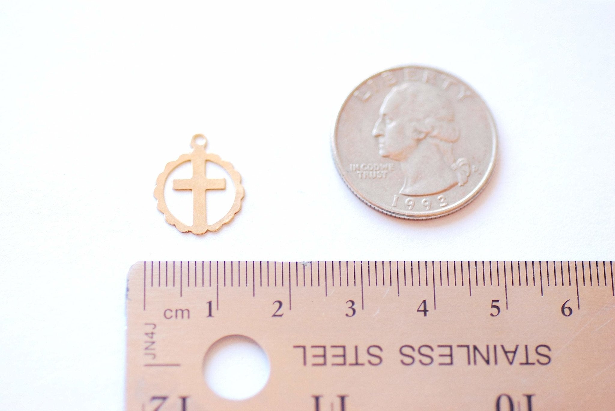Wholesale 14k Gold Filled Scalloped Cross Charm - Gold Filled Flat Round Cross Charm Pendant Rosary Religious Amulet