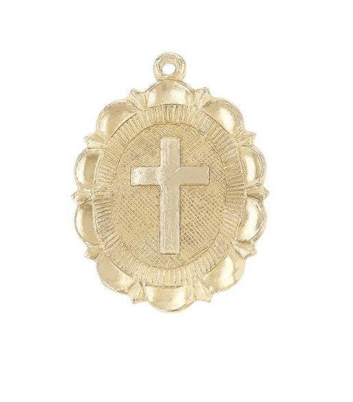 Wholesale 14k Gold Filled Scalloped Edge Oval Cross Pendant Charm - 21x16mm, Religious Charm, Catholic Pendant, 14kGF Charm, Gold Cross Charm