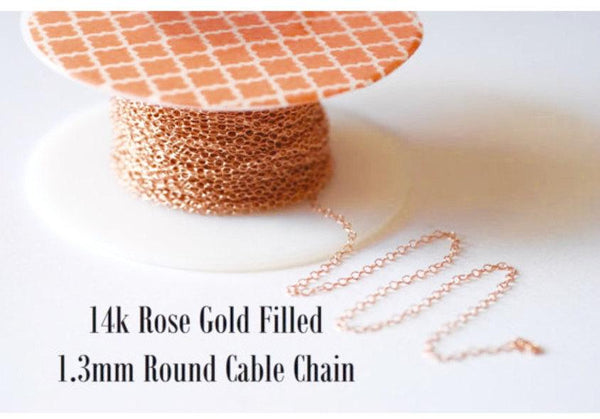 14k Rose Gold Filled Chain by the Foot - 1.3mm Flat Round Cable Chain - Thin Chain - Pink Gold Chain - Wholesale Chain - Custom Length