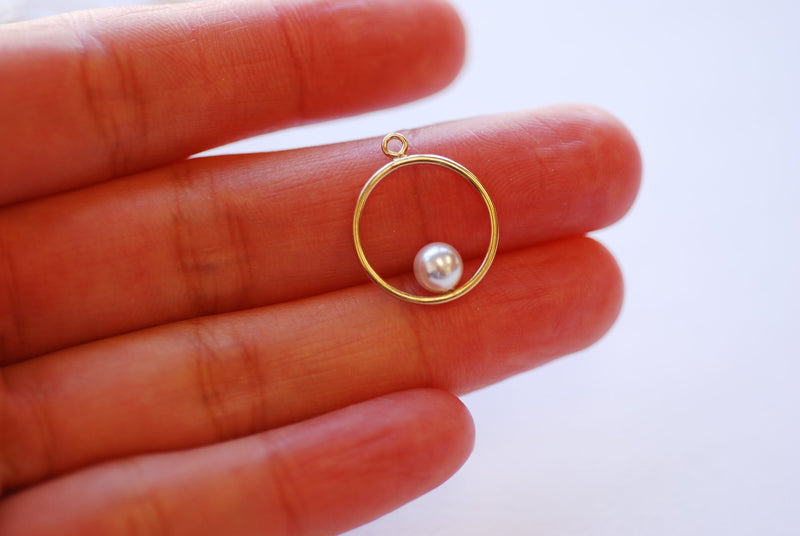 15mm Round Drop Charm with 5mm Crystal Pearl, 14k Gold Filled Open Ring, Pearl Drop Pendant, Gold Filled Jump rings, Connector, 416