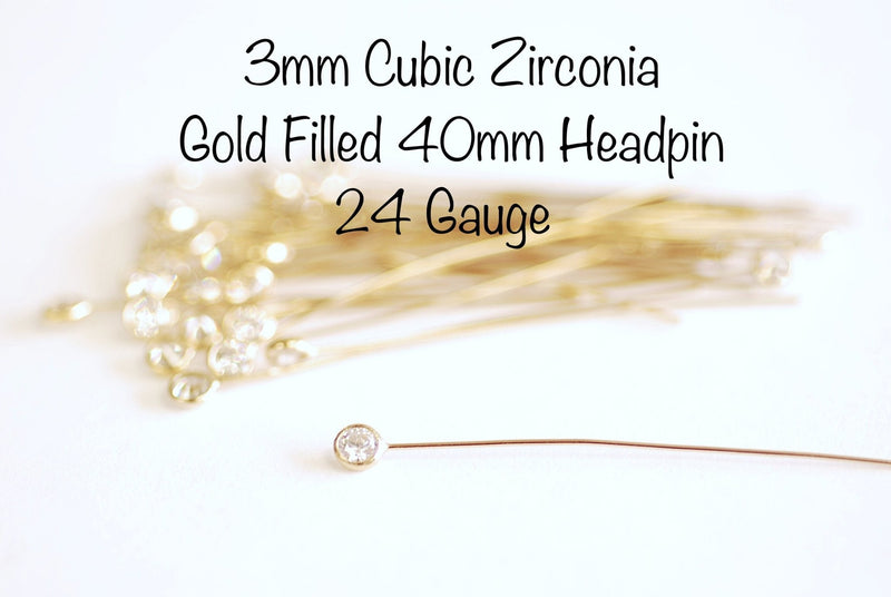2 Pieces Gold Filled 3mm Cubic Zirconia 40mm Length Bezel Headpin White AAA CZ Quality 24 gauge Wire Half Hard - HarperCrown