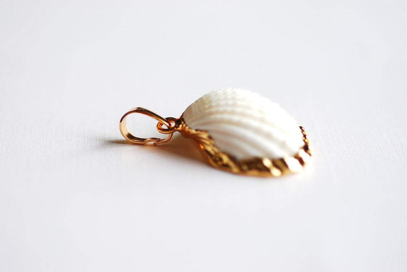 24k Gold Electroplated White Scallop Sea Shell Charm- Gold Seashell Charm, Real Sea shell charm pendant with attached bail, Beach Charms - HarperCrown