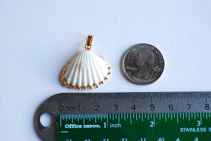 24k Gold Electroplated White Scallop Sea Shell Charm- Gold Seashell Charm, Real Sea shell charm pendant with attached bail, Beach Charms - HarperCrown