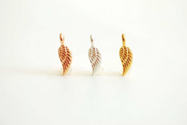 Feather Wholesale Charm- Vermeil 22k Gold Plated 925 Sterling Silver, Tiny feather charm, Leaf charm, Angel feather, Angel Wing, Nature Branch,150