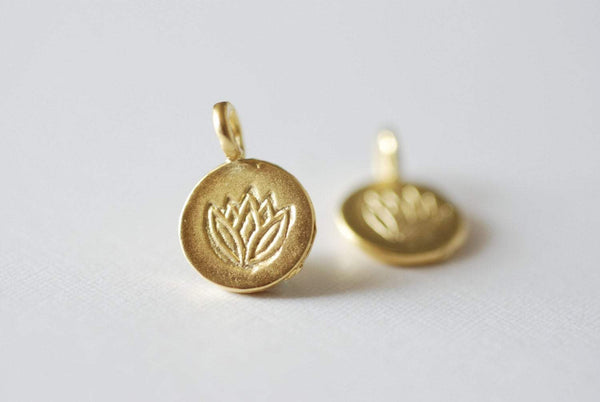 Matte Wholesale Vermeil Gold Lotus Flower Disc Charm- 18k gold plated over Sterling Silver Water Lily Round Disc, Yoga Charm, Ohm Om Disc, 36