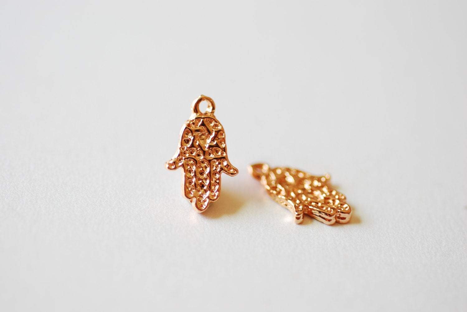 Hamsa Hand Charm, Wholesale, 18K Rose Gold-Plated 925 Sterling Silver, 15mm x 9mm, Fatima Good Luck Yoga Evil Eye