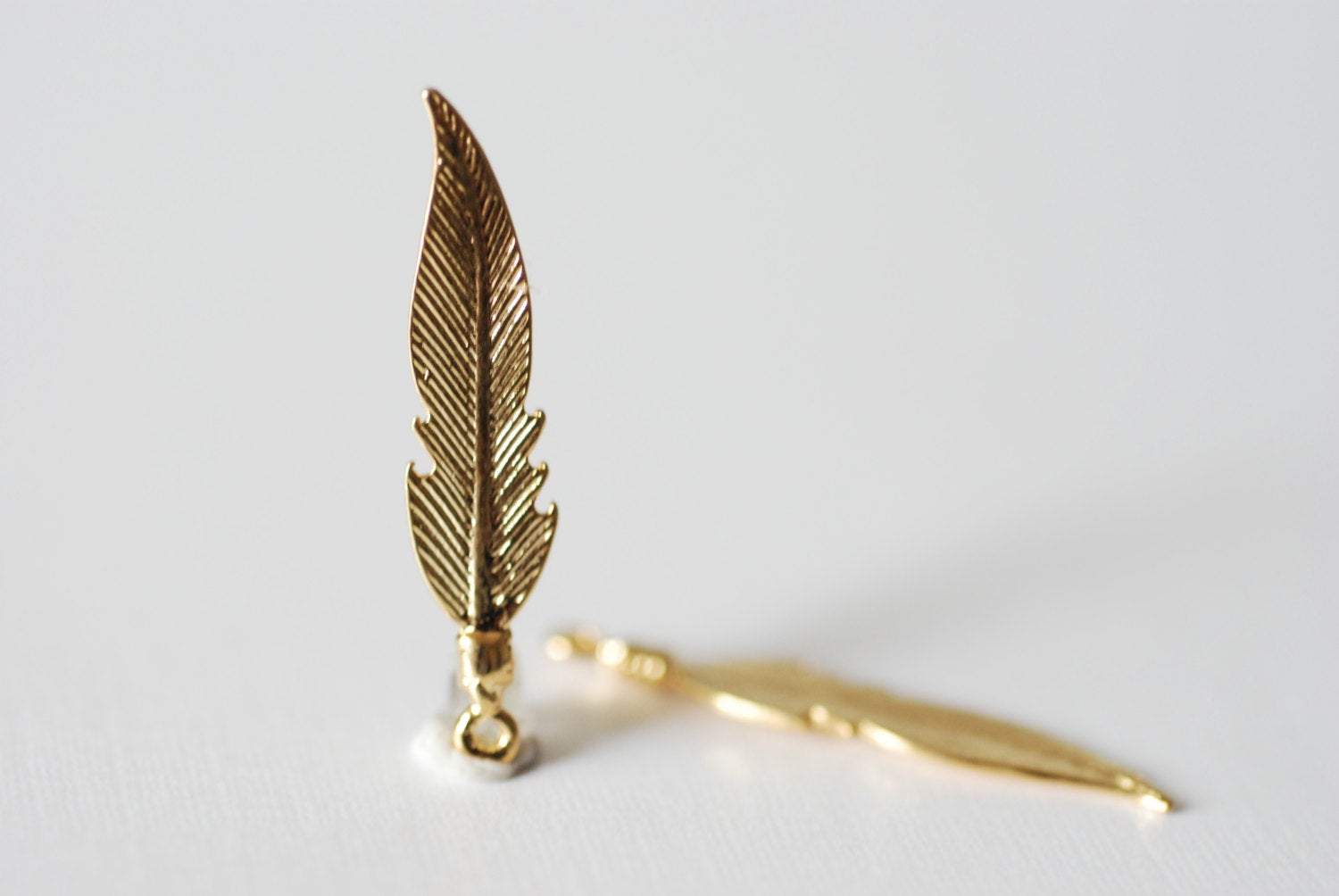 Shiny Wholesale Gold Feather Vermeil Charm-  18k gold plated over sterling silver, tribal native pendant, Gold Feather leaf Charm,  113