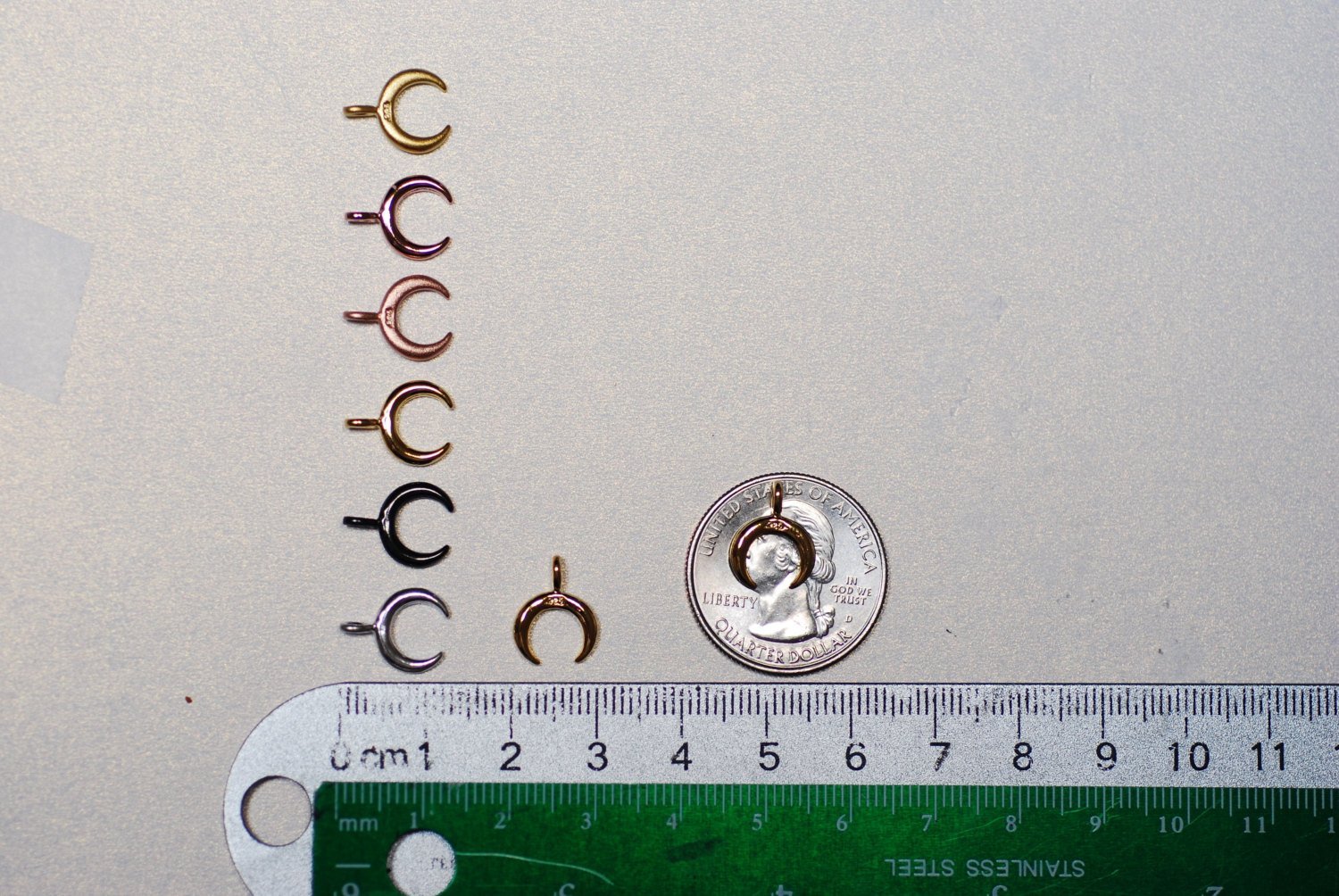 Shiny Wholesale Pink Rose Gold Crescent Moon Charm- Small Crescent Charm, Double Horn, Gold Half Moon, Tiny horn Charm, Upside Down Crescent, 274