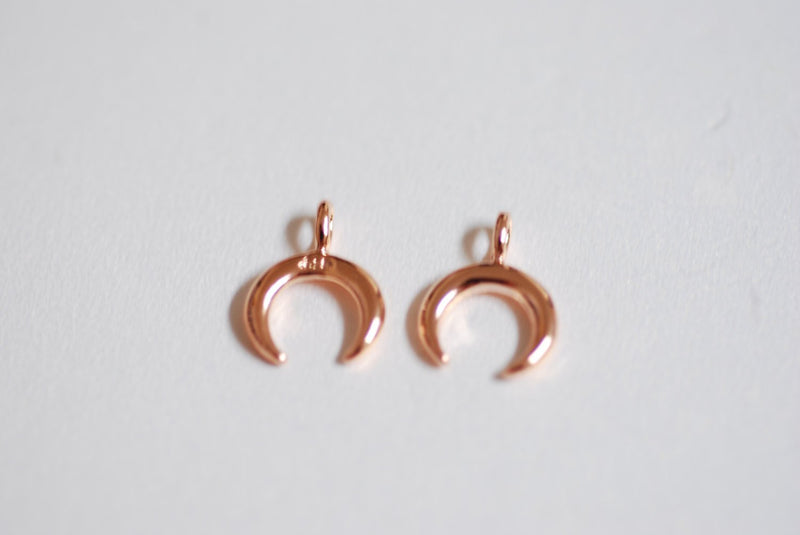 Shiny Wholesale Pink Rose Gold Crescent Moon Charm- Small Crescent Charm, Double Horn, Gold Half Moon, Tiny horn Charm, Upside Down Crescent, 274