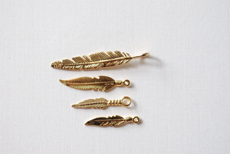 2pcs Vermeil Gold Feather Charms - 18k gold plated over sterling silver, gold feather charms, Small Feather Charms, gold Tribal bird feather - HarperCrown