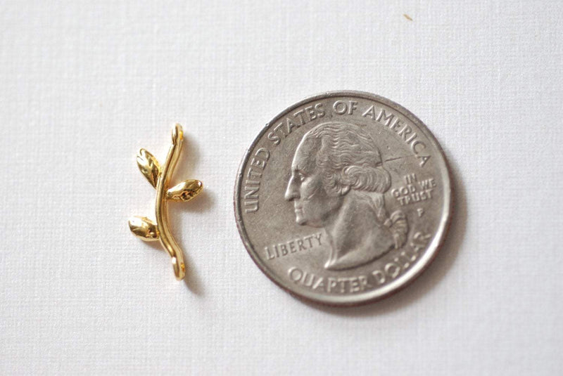 2pcs Vermeil Gold Small Leaf Connector - 18k gold plated over sterling silver, Gold Twig Charm, Gold Branch, Gold Tree Charm, Gold Flower - HarperCrown