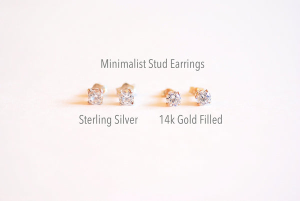 4MM Round Cz Stud Earring, 14k Gold Filled or 925 Sterling Silver cubic zirconia ear Studs, Solitaire Stud Earrings, Ear Post Stud Earrings - HarperCrown