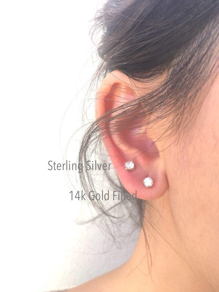4MM Round Cz Stud Earring, 14k Gold Filled or 925 Sterling Silver cubic zirconia ear Studs, Solitaire Stud Earrings, Ear Post Stud Earrings - HarperCrown