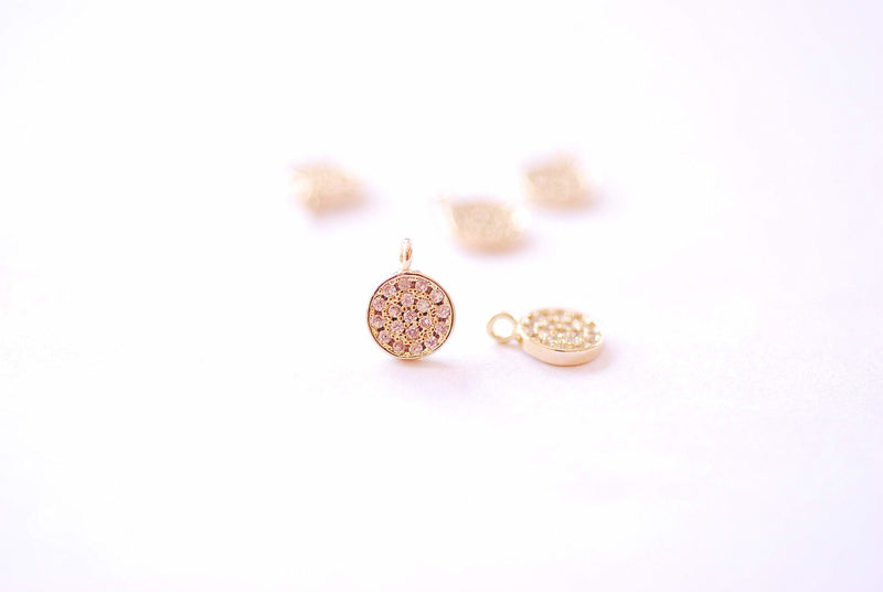 7mm Round Disc Circle Micro Pave CZ Charm - 16k Gold Plated over Brass Cubic Zirconia Small Shiny Clear Disc DIY HarperCrown Wholesale B177 - HarperCrown