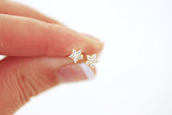 925 Sterling Silver or 18k Gold Flower Star Stud Earrings - Dainty Tiny Small Gold Silver Cubic Zirconia Pave Flower Star Stud Earrings - HarperCrown