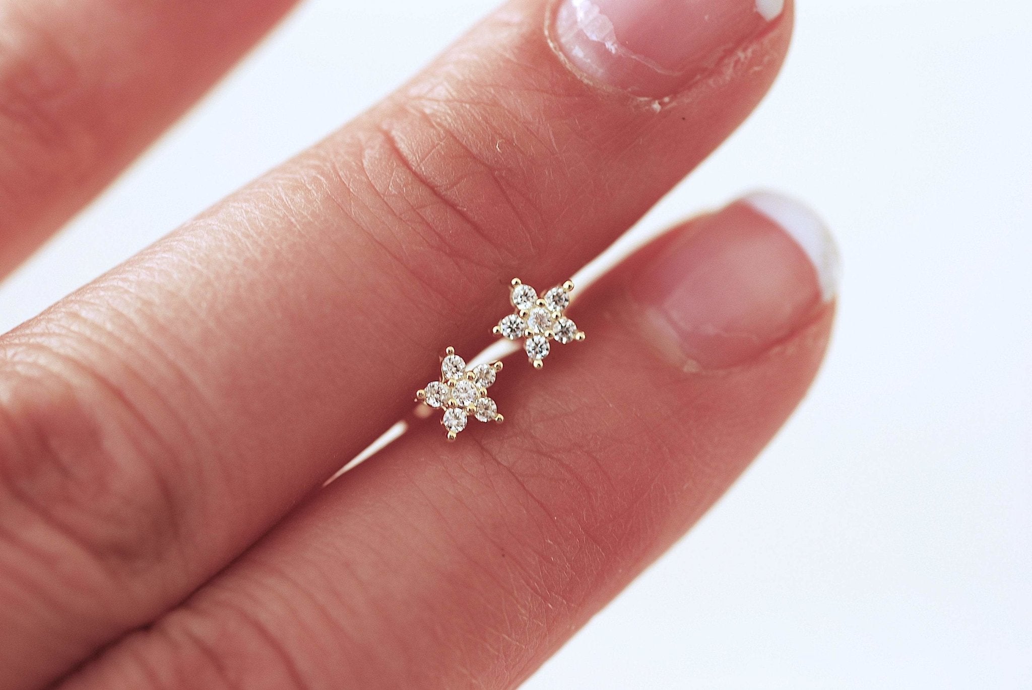 925 Sterling Silver or 18k Gold Flower Star Stud Earrings - Dainty Tiny Small Gold Silver Cubic Zirconia Pave Flower Star Stud Earrings - HarperCrown