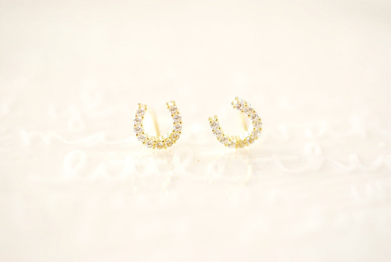925 Sterling Silver or 18k Gold Horseshoe Stud Earrings - Tiny Small Cubic Zirconia Pave Horseshoe Stud Earrings U Shape Horseshoe Earrings - HarperCrown