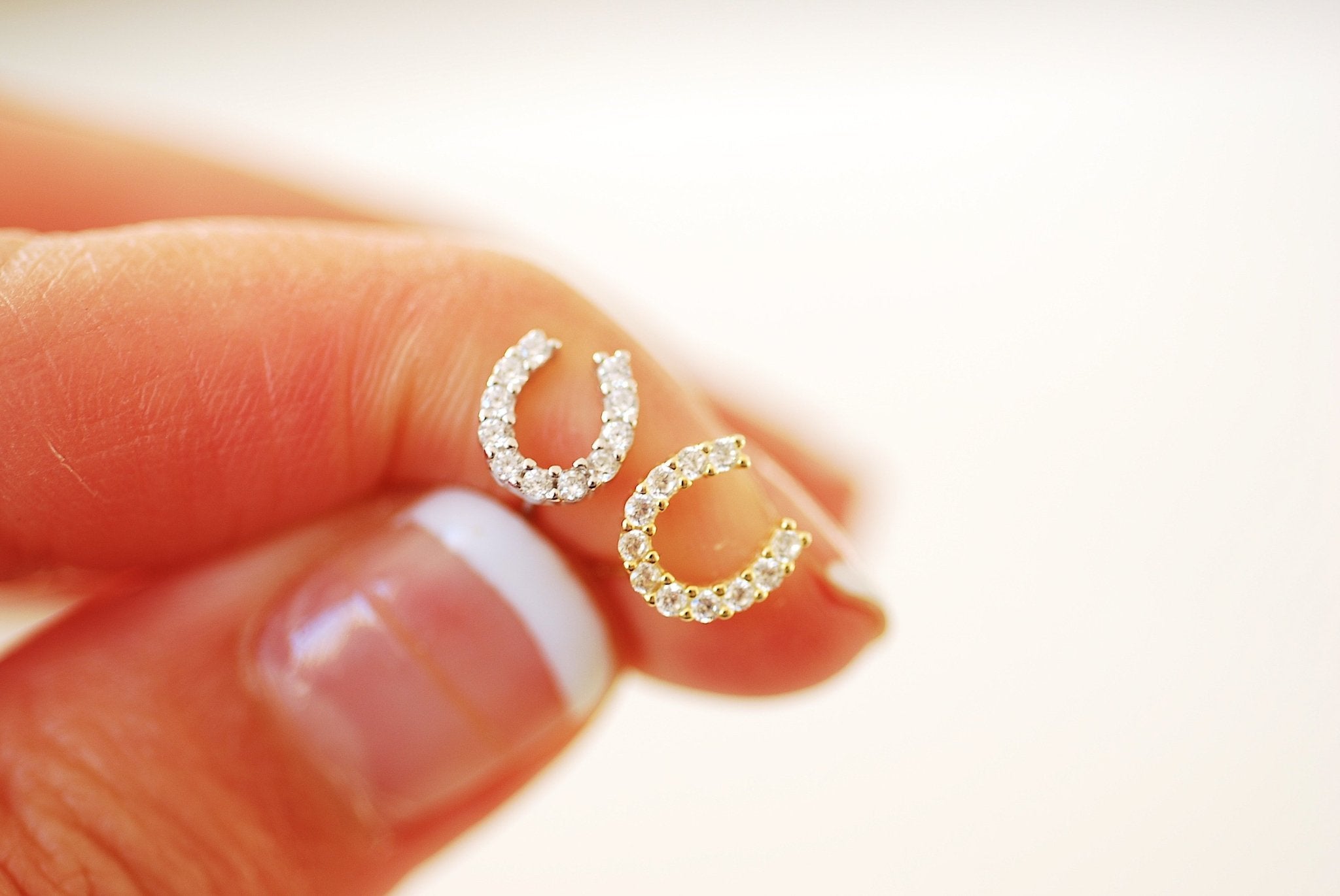 925 Sterling Silver or 18k Gold Horseshoe Stud Earrings - Tiny Small Cubic Zirconia Pave Horseshoe Stud Earrings U Shape Horseshoe Earrings - HarperCrown