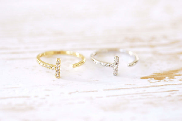 925 Sterling Silver or 18k Gold Pave Cubic Zirconia T Adjustable Ring Bar Ring Parallel Bar Ring Minimalist Ring Geometric Ring Signet Ring - HarperCrown