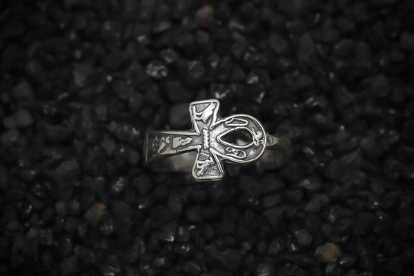 Ankh Key of Eternal Life Band Ring Hieroglyphics Ancient Egyptian | 925 Sterling Silver, Oxidized or 18K Gold Plated - HarperCrown