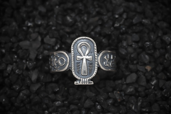 Ankh Key of Eternal Life Band Ring Hieroglyphics Ancient Egyptian | 925 Sterling Silver, Oxidized or 18K Gold Plated | Adjustable Size - HarperCrown