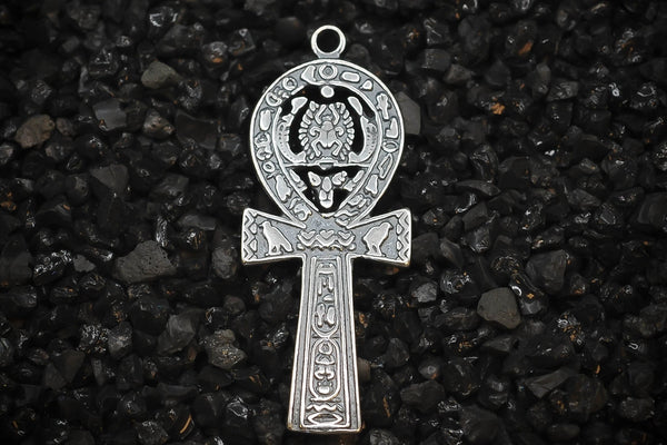 Ankh Key of Eternal Life with Scarab Beetle Hieroglyphics Ancient Egyptian Charm | 925 Sterling Silver, Oxidized or 18K Gold Plated | Jewelry Making Pendant - HarperCrown