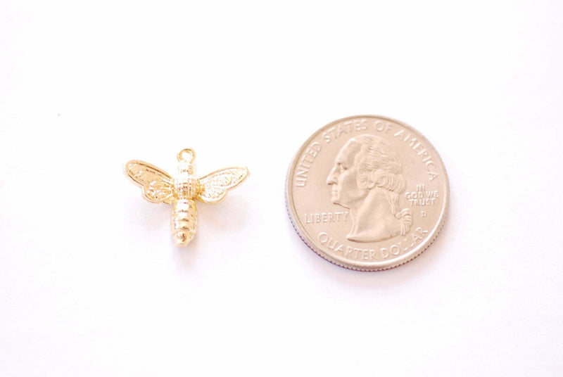 Bumble Bee Charm - 16k Gold Plated over Puffy 3D Queen Bee Honeybee Insect Buzzing Honey Boho Pendant HarperCrown Wholesale Charms B258 - HarperCrown