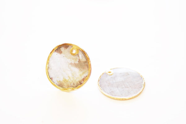 Capiz Windowpane Oyster Shell Circle Charm - Electroplated 16K Gold Plated Seashell Disc Dangle Pendant HarperCrown Wholesale B277 - HarperCrown