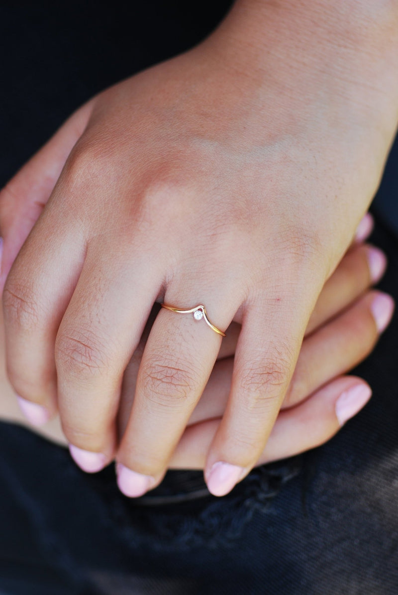 Chevron Solitaire Stacking Ring - 14k Gold Filled V shaped Ring, Marquise Ring, Minimalist Stacking Ring, Wave Ring, Herringbone Ring [23] - HarperCrown