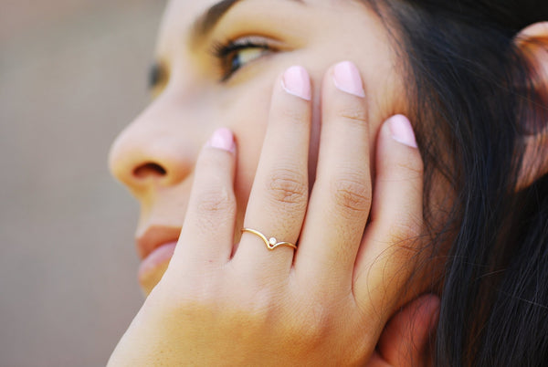 Chevron Solitaire Stacking Ring - 14k Gold Filled V shaped Ring, Marquise Ring, Minimalist Stacking Ring, Wave Ring, Herringbone Ring [23] - HarperCrown