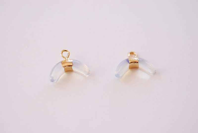 Crescent Moon Opalite Charm - 16k Gold Plated Brass Opal Moonstone Double Horn Tusk Wholesale Charms B135 - HarperCrown