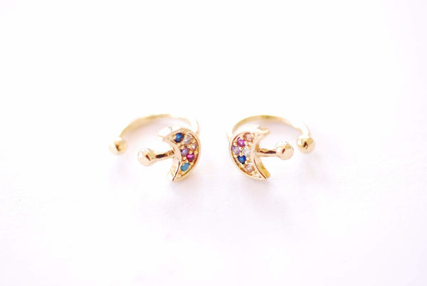 Crescent Moon Rainbow Huggie Earrings | 18K Gold Plated over Brass CZ Cubic Zirconia | Colorful Cuff U Shape Conch Wrap B328 - HarperCrown