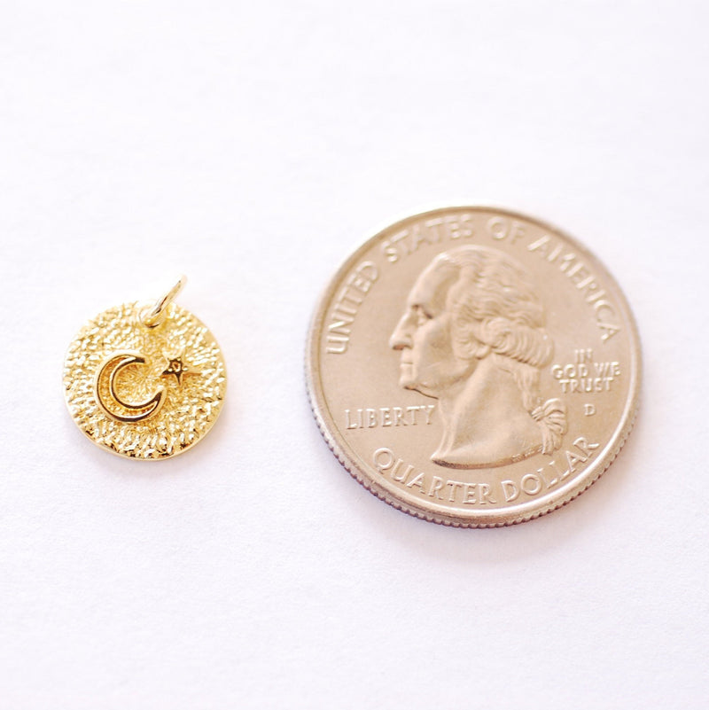Crescent Moon Star Charm - 16k Gold Plated Brass Half Moon Waning Eclipse Star Night Celestial Circle Disc Textured Wholesale Charms B261 - HarperCrown