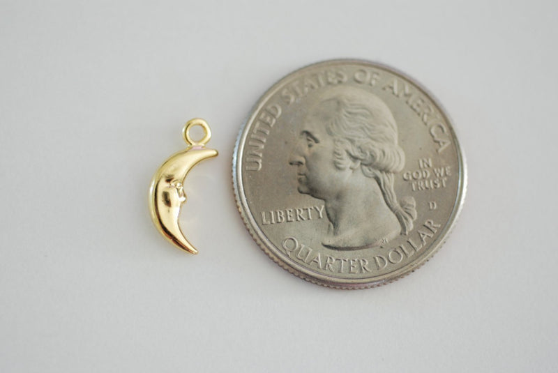 Crescent Moon with Face Charm | 18k Gold plated over Sterling Silver, Vermeil, Gold Moon, Crescent Face Moon Pendant, 269 - HarperCrown
