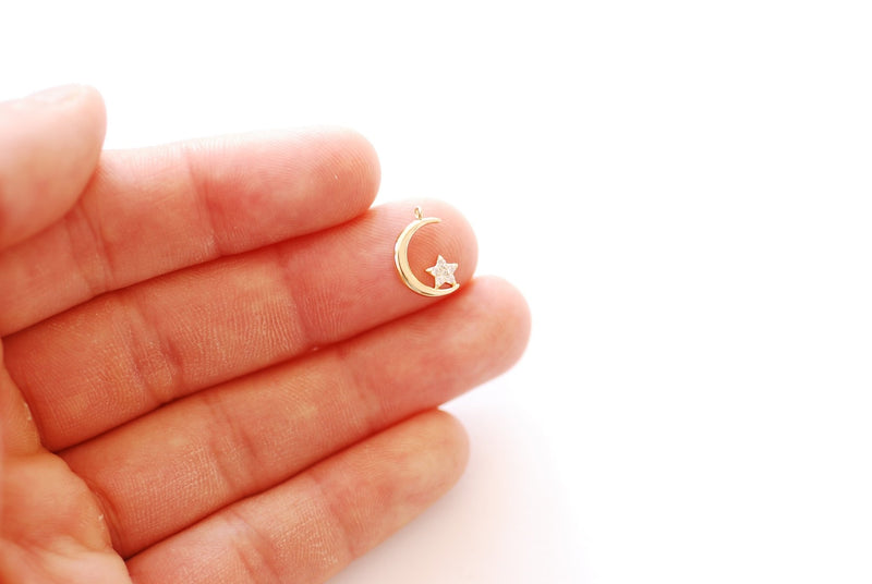 Crescent Moon with Star Charm | 16K Gold Plated Brass Micro Pave CZ | Half Moon Celestial Waning Moon Cubic Zirconia Wholesale Pendant B339 - HarperCrown