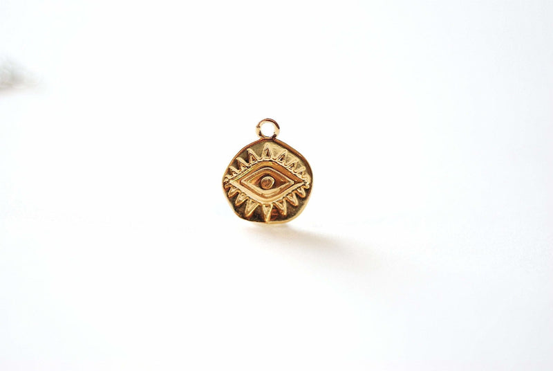 Evil Eye Coin Charm - 18k Gold plated over 925 Sterling Silver, Gold Round Evil Eye Charm, Protection Eye of Ra, Greek Coin, Luck Charm,J316 - HarperCrown
