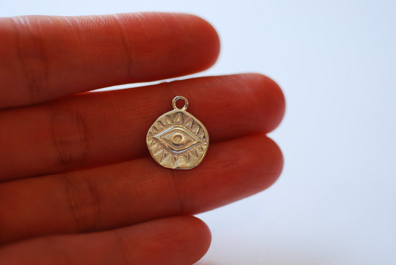Evil Eye Coin Charm - 18k Gold plated over 925 Sterling Silver, Gold Round Evil Eye Charm, Protection Eye of Ra, Greek Coin, Luck Charm,J316 - HarperCrown
