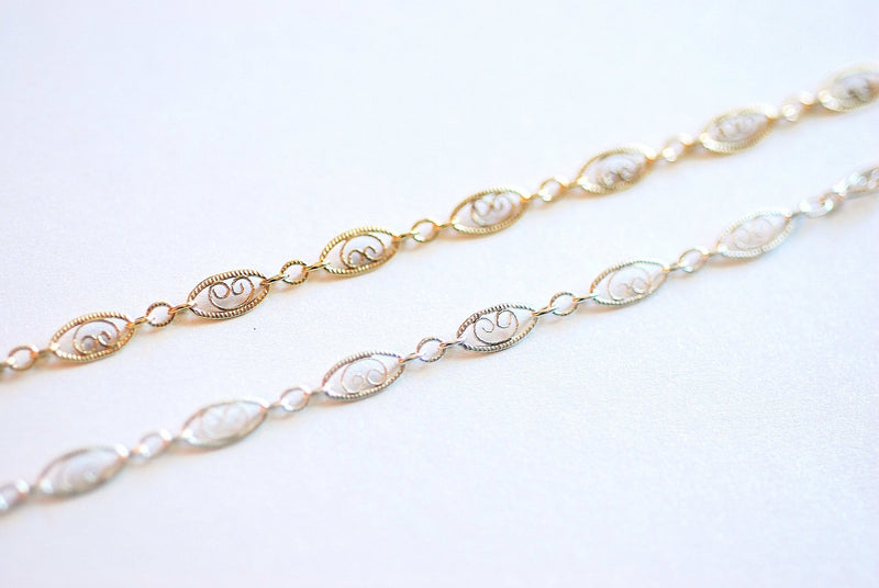 Filigree Scroll Chain- Sterling Silver or Gold Filled Filigree Scroll Chain, Chain by Foot, Wholesale Bulk Chain, Fancy Chain, Oval Chain - HarperCrown