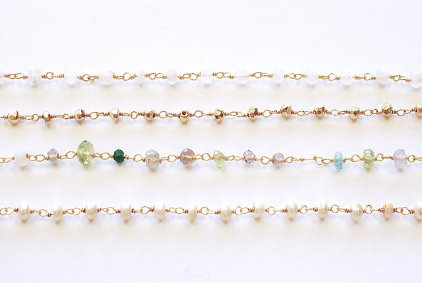 Gemstone Chain - Sterling Silver Gold Plated Chain Gemstone Freshwater Pearl Pyrite Disco White Tourmaline Beaded Wire Vermeil Chain - HarperCrown