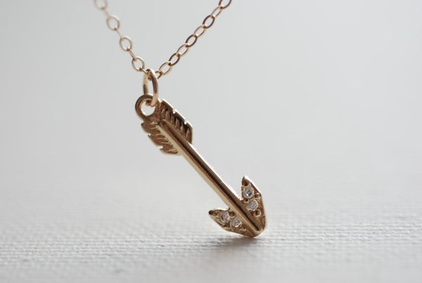 Gold Arrow Necklace - tip with crystals,22k gold Arrow, Dainty Arrow Necklace, Crystal Arrow Necklace,bow and arrow - HarperCrown