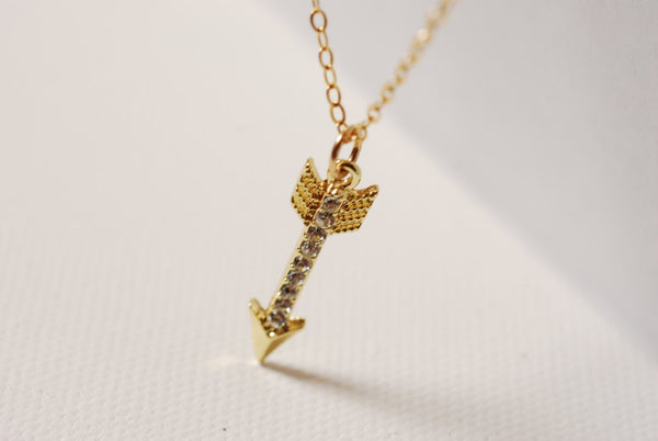 Gold Arrow Necklace with Crystals, 24k gold Arrow, Arrow Pendant,Minimalist Arrow,Crystal Arrow Necklace,Dainty Arrow - HarperCrown