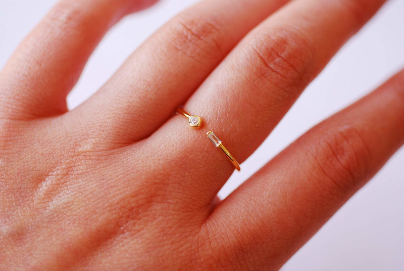 Gold Baguette Stacking ring - 925 Sterling Silver 18k Gold Dipped Stacking Ring, Cubic Zirconia Black Stone Ring, Thin Ring Band,Adjustable - HarperCrown