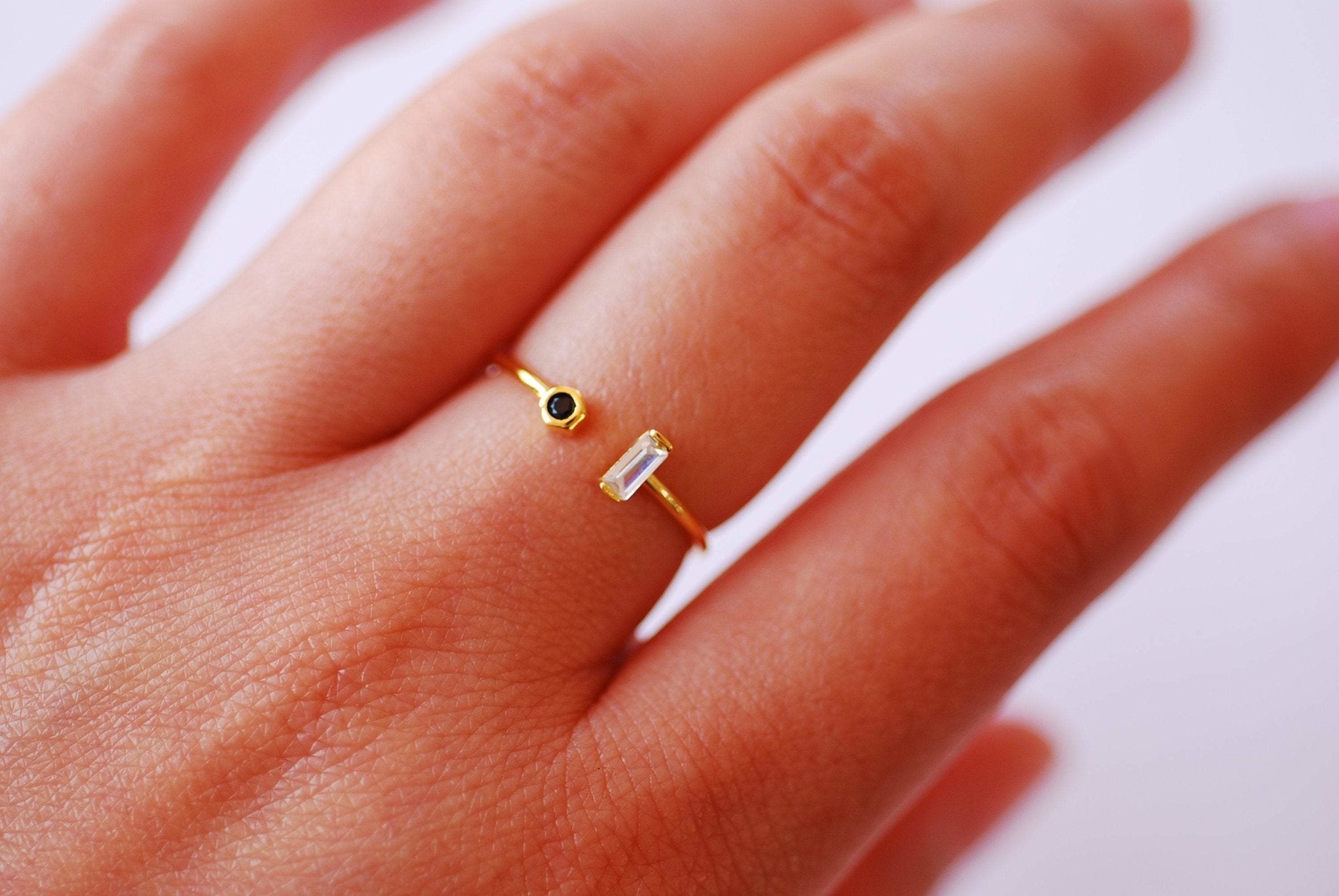 Wholesale Ring Jewelry Gold Baguette Stacking ring 925 Sterling Silver 18k Gold Dipped Stacking Ring Cubic Zirconia Black Stone Ring Thin Ring Band Adjustable