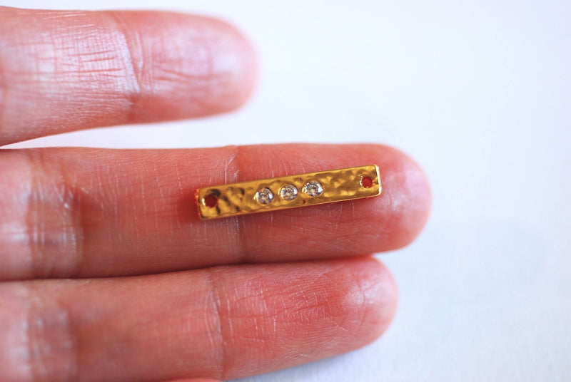 Gold Bar CZ Connector Charm- 22k Gold plated 925 Sterling Silver, Rose Gold, Hammered Bar Connector, Cubic zirconia Bar, Stamping Bar, Link - HarperCrown