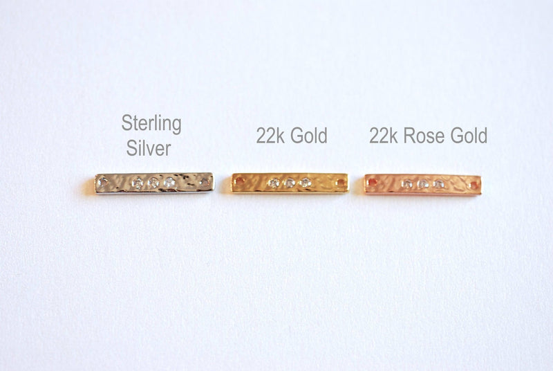 Gold Bar CZ Connector Charm- 22k Gold plated 925 Sterling Silver, Rose Gold, Hammered Bar Connector, Cubic zirconia Bar, Stamping Bar, Link - HarperCrown