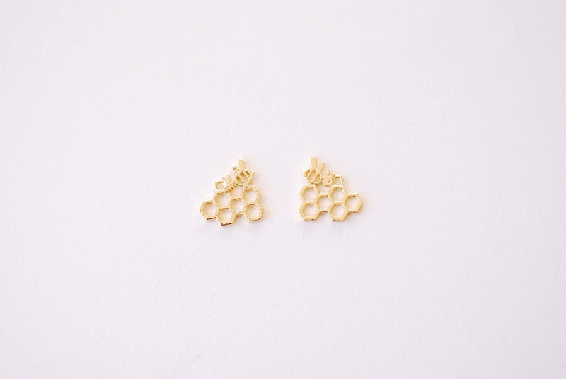 Gold Bee HoneyComb Charm - 16k gold plated over Brass Bumble bee Honeycomb Honey Connector HarperCrown Wholesale Brass Charms B115 - HarperCrown
