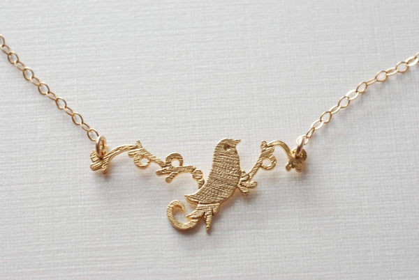 Gold Bird Necklace- Bird Branch Necklace- Simple Everyday Jewelry by HeirloomEnvy - HarperCrown