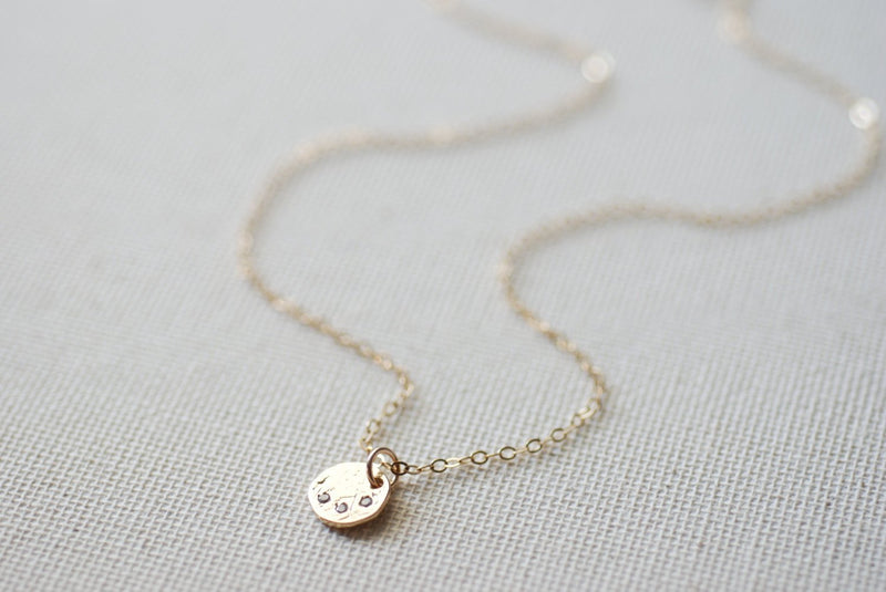 Gold Circle Necklace with Crystals, Make a wish necklace, Crystal Disc Necklace, Simple Dainty Necklace, Etched Disc Necklace - HarperCrown